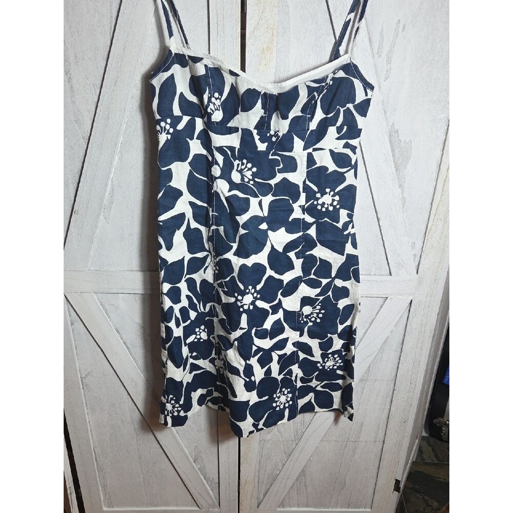 J. Crew 100% Linen White And Navy Spaghetti Strap A-Line Floral Dress Size 8